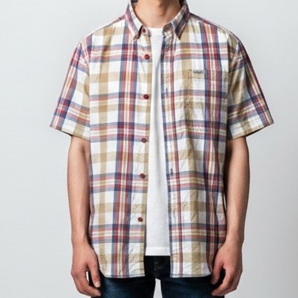 Columbia Plaid Shirt Mens Medium Tan Red Blue Short Sleeve Hiking Casual XM0911